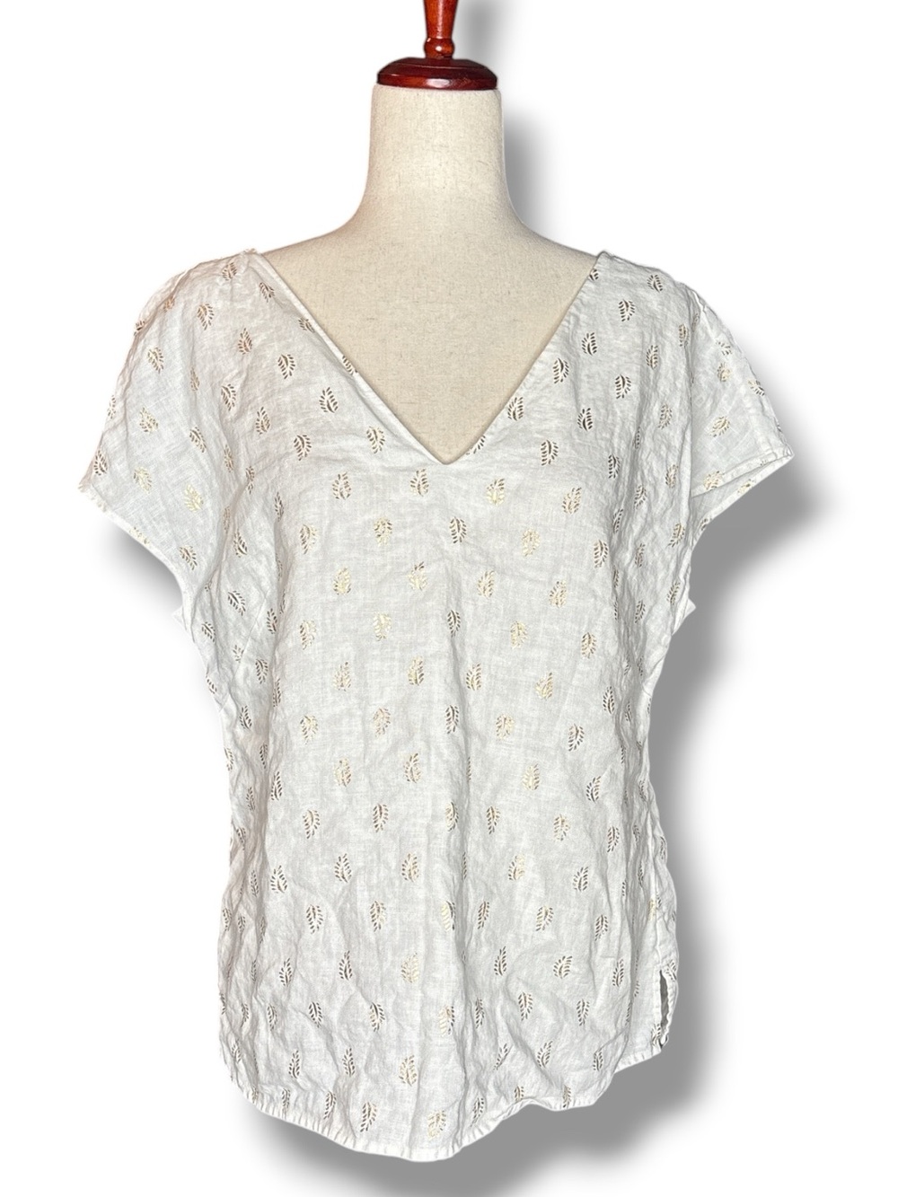 Boden White Linen Gold Palm Leaf Print V-Neck Cap Sleeve Top Size 8 - Picture 2 of 8